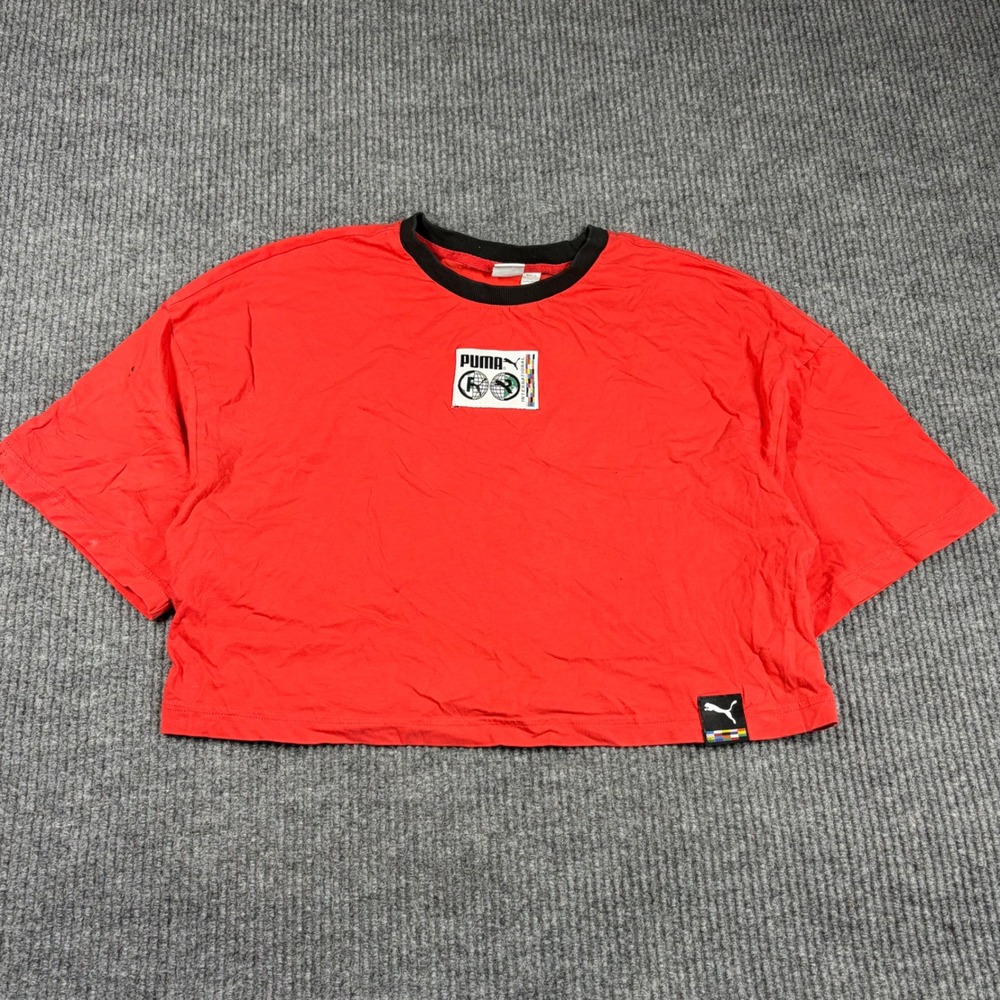 Puma Shirt Womens L Red Graphic Boxy Crop Top Short Sleeve Sportswear